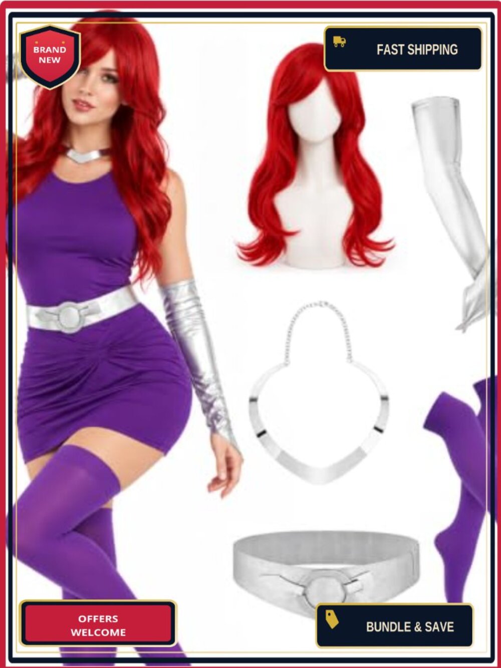 5PC Cosplay Accessory Set Heat-Resistant Synthetic Wig PU Leather Belt Gloves